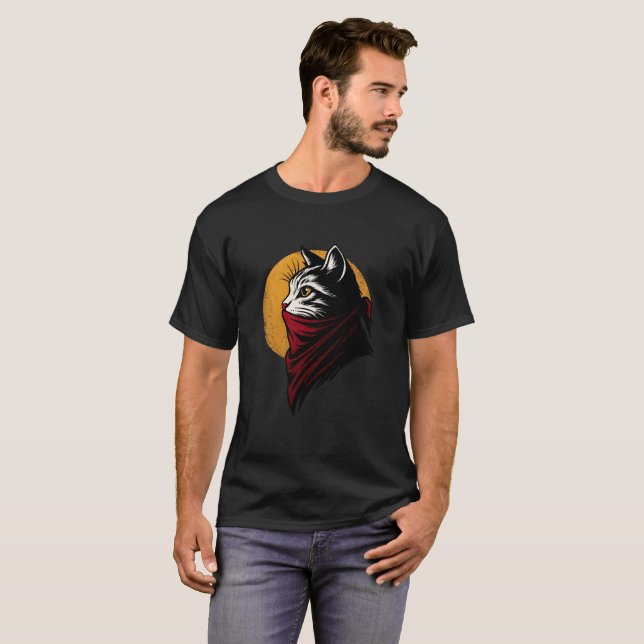 T-shirt Chat rebelle avec bandana rouge et design solaire  (Devant entier)