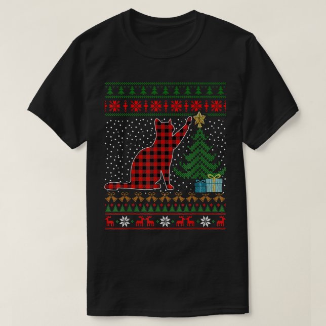 T-shirt Chat Red Plaid Buffalo drôle laide de Noël (Design devant)