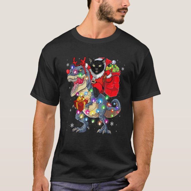 T-shirt Chat Riding A Dinosaur Rex Noël (Devant)