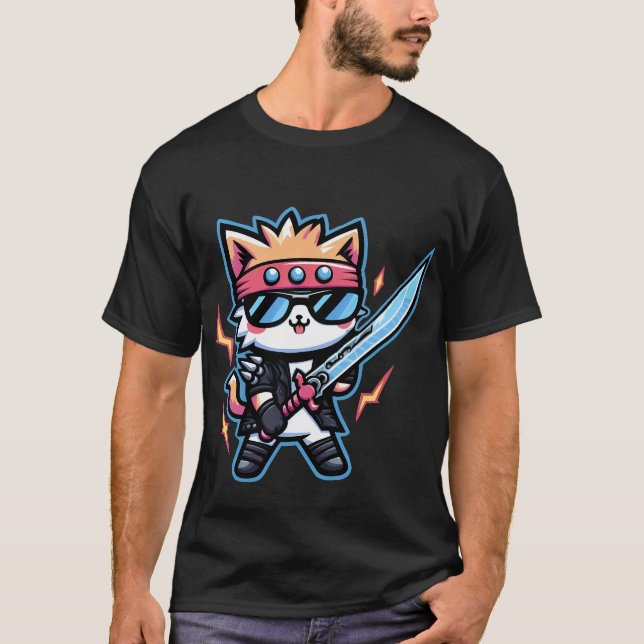 T-shirt Chat Rocker avec lunettes noires et épée en style (Devant)