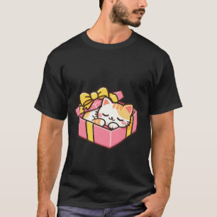T-shirt Chat roux kawaii endormi dans une boîte-cadeau ros