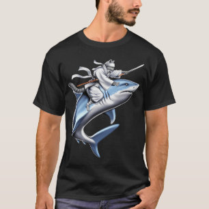 T-shirt Chat Samouraï Ninja à Cheval sur un Requin