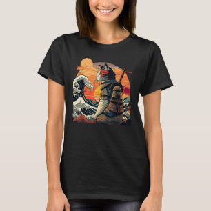 T-shirt Chat samouraï rétro japonais La Grande vague par H