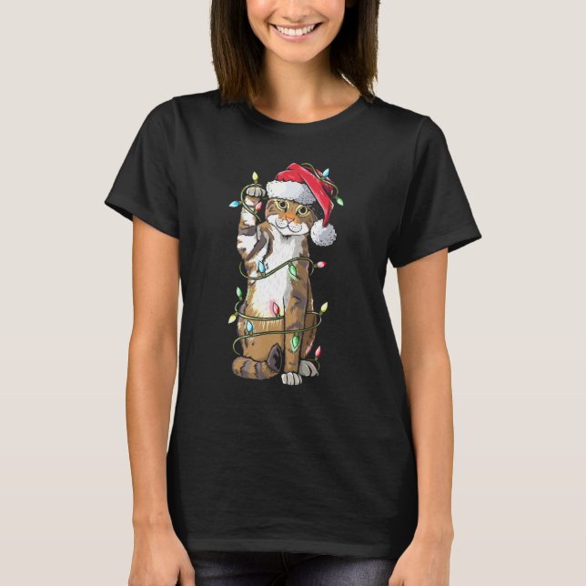 T-shirt Chat Santa Claus Casquette lumières de Noël Drôle  (Devant)