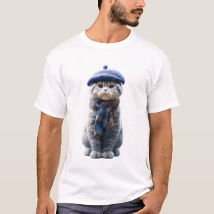 T-shirt Chat Scottish Fold Adorable en Béret Bleu et Trico