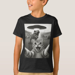 T-shirt Chat selfie avec un OVNI alien et un dinosaure T-r