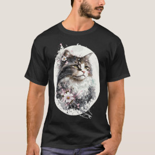 T-shirt Chat Sibérien Fleur Japonaise Cerisier Floral Aqua