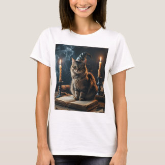 T-shirt Chat sorcier vintage avec Spellbook et bougies - A