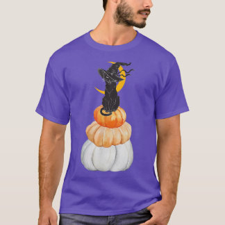 T-shirt Chat Sorcière Cute Sur Citrouille Avec Lune Derriè