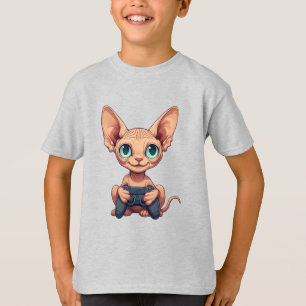 T-shirt Chat Sphynx tenant une manette de jeu