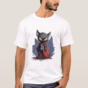 T-Shirt Chat Super-Héros Noir avec Cape Rouge