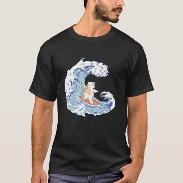 T-shirt Chat Surfer océan vague Kitty Retro Anime Japon T  (Devant)