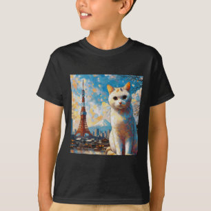 T-shirt Chat surplombant la Tour de Tokyo avec le Mont Fuj