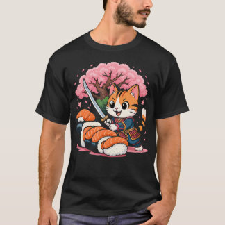 T-shirt Chat Sushi Samouraï Kawaii Nourriture Japonaise Dr