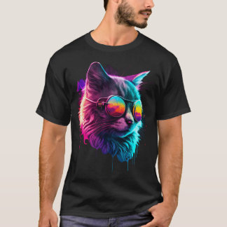 T-shirt Chat Synthwave Chat Vaporwave avec Lunettes de Sol