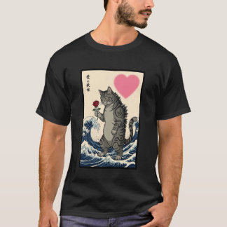 T-shirt Chat tenant une rose Grande Vague Ukiyo-e Saint-Va