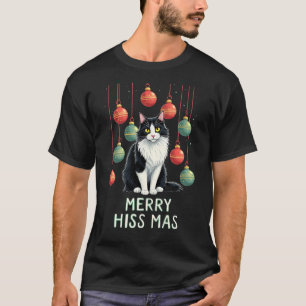 T-shirt Chat Tuxedo de Noël avec décorations de fêtes Merr