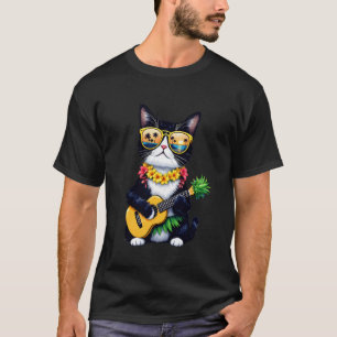 T-shirt Chat Tuxedo Hawaïen & Ukulele Ananas Vacances d'Ét
