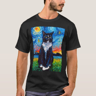 T-shirt Chat Tuxedo Noir et Blanc Nuit Étoilée Art par Aja