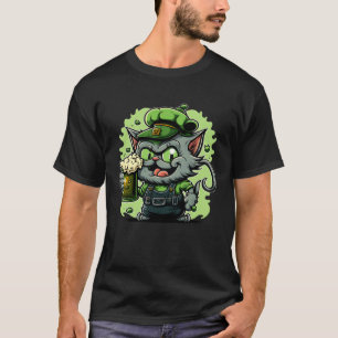 T-shirt Chat vert buvant de la bière pour la Saint-Patrick