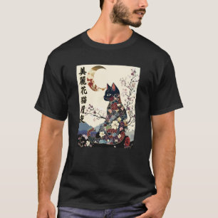 T-shirt Chat Zen Japonais Geisha Kimono Lune Croissante Ré