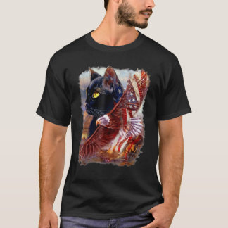 T-shirt Chaton Black Cat Drapeau Américain Aigle 4 Juillet