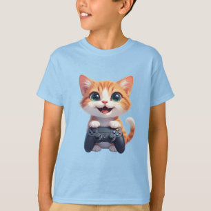 T-shirt Chaton tenant une manette de jeu Sourire Chat joue