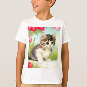 T-shirt Chaton vintage blanc et Brown avec fleurs