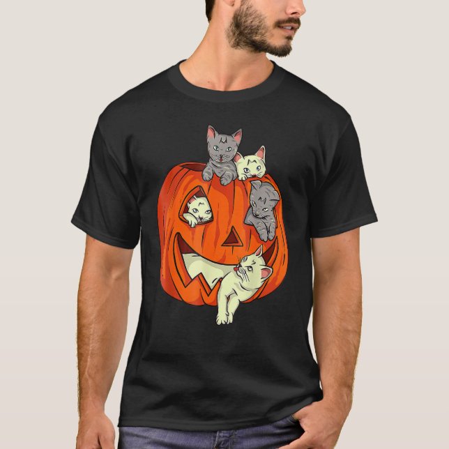 T-shirt Chats Citrouille sculpté Jack-o'-lantern Chat Hall (Devant)