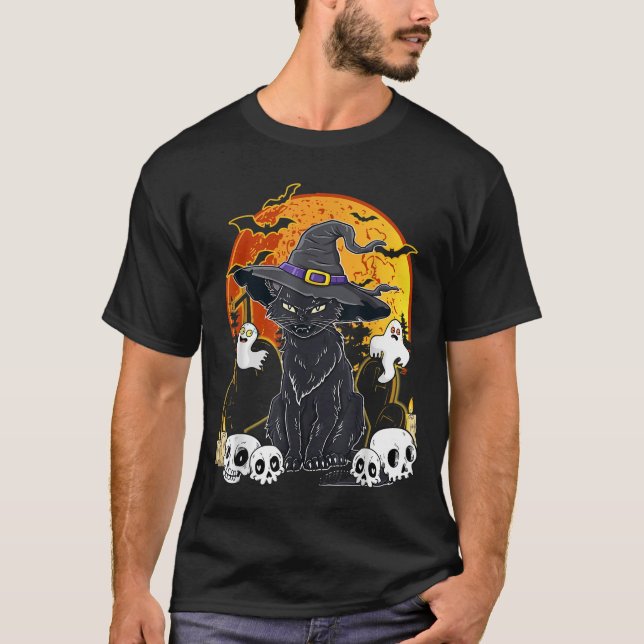 T-shirt Chats d'Halloween avec sorcière Casquette du costu (Devant)
