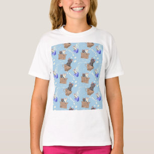T-shirt Chats en boîte et gouttes de lait sur bleu