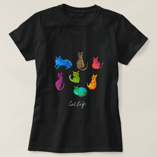 T-shirt Chats fous colorés en aquarelle (Design devant)