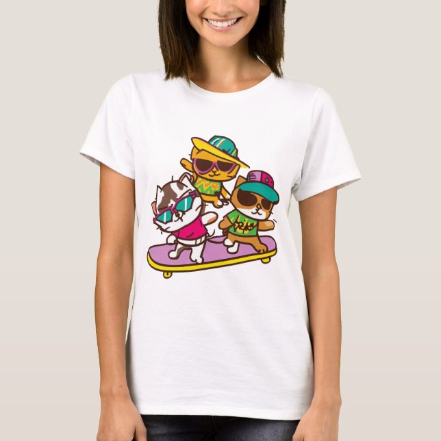 T-shirt Chats Jouer Skateboard porter des lunettes Hip hop (Devant)