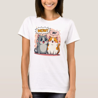 T-shirt Chats mignons Kawaii disant Wow et Salut en bande 