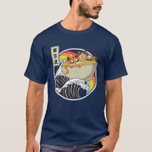 T-shirt Chats mignons mangeant Ramen Kanagawa Vague Arc-en