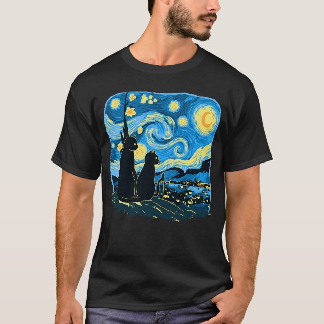 T-shirt Chats mignons Starry Nuit Van Gogh Père Mère Fils (Devant)