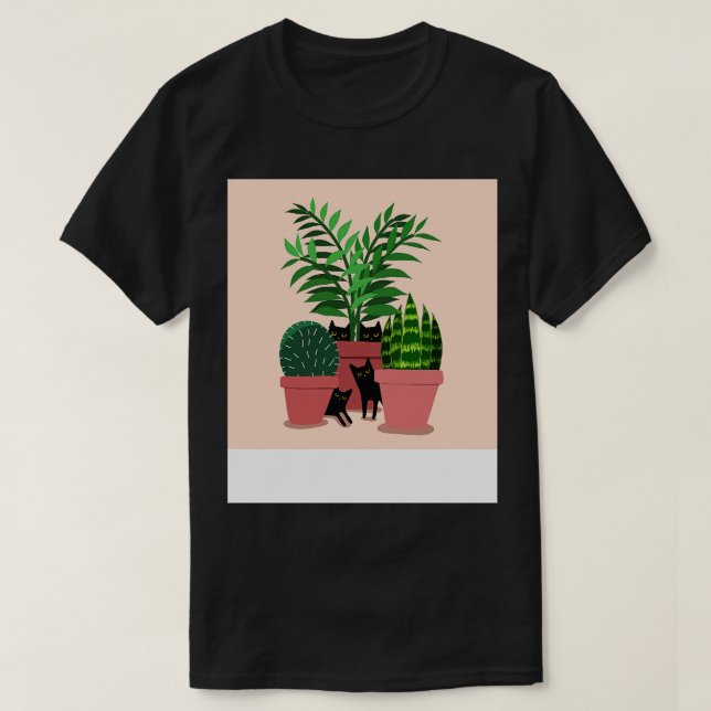 T-shirt Chats noirs et Plantes en pointillés (Design devant)
