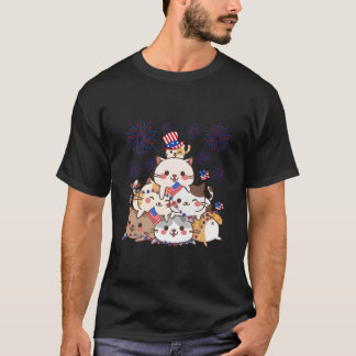 T-shirt Chats Pile 4 juillet Kawaii Chats Rouge Blanc Et B