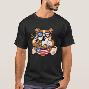 T-shirt Chats Ramen Anime Drapeau Américain USA Funny 4th 