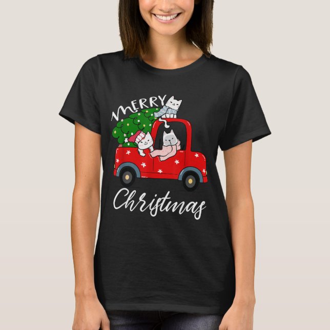 T-shirt Chats xmas Chemise Arbre sur Camion Rouge Chat Noë (Devant)