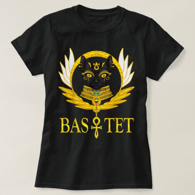 T-shirt chatte noir sphynx déesse bastet ailes cheville (Design devant)
