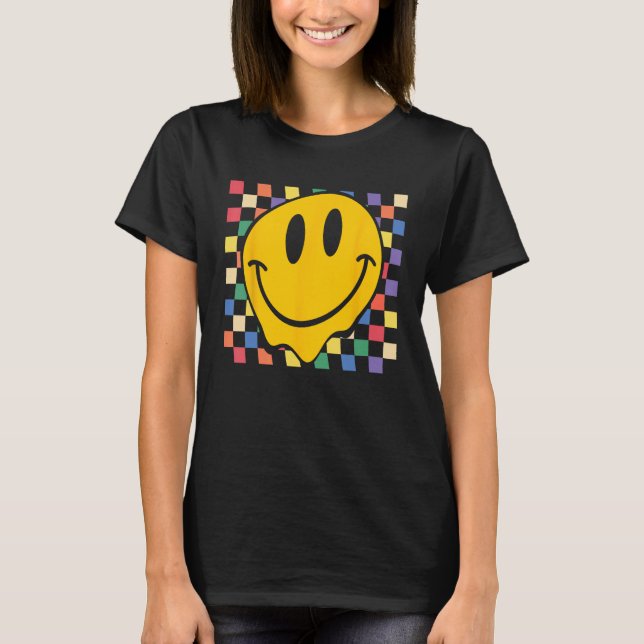 T-shirt Checkerboard Smiling Face Groovy LGBT Rainbow Prid (Devant)