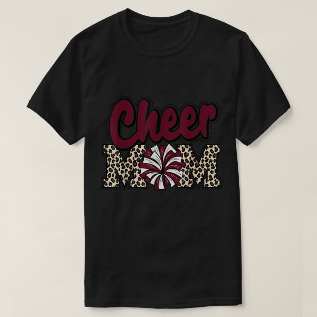 T-shirt Cheer Maman Maroon Leopard Lettres Cheer Pom Poms (Design devant)