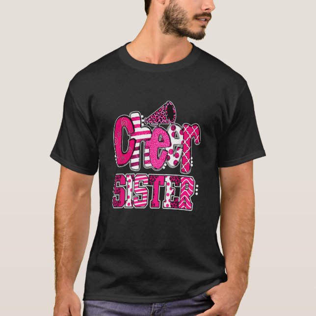 T-shirt Cheer Sister Biggest Fan Leopard Print And Pom Pom (Devant)