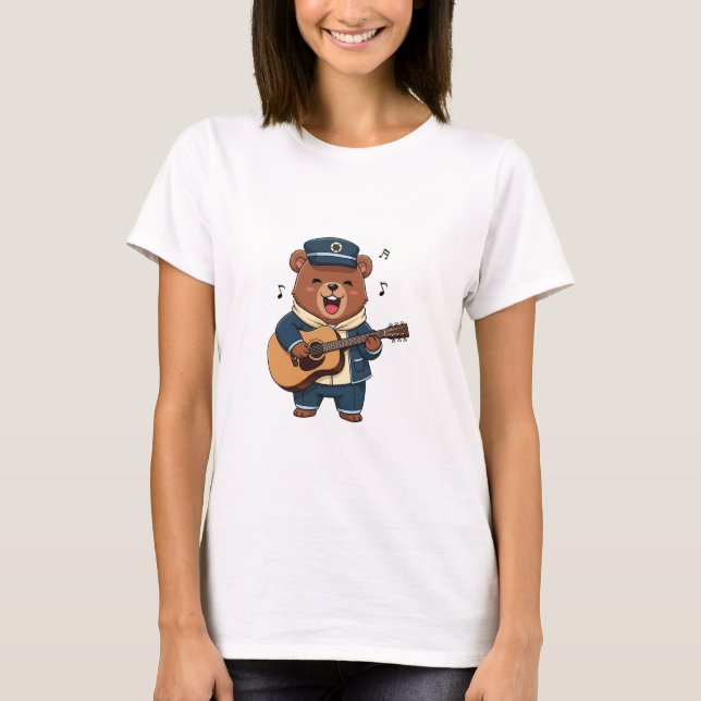 T-shirt Cheerful Bear Captain Playing Acoustic Guitar (Devant)