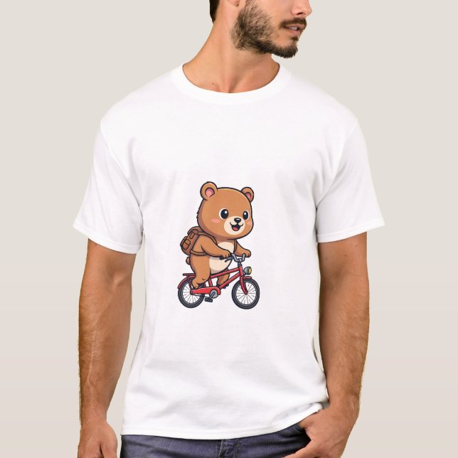 T-shirt Cheerful Brown Bear Riding Red Bicycle (Devant)