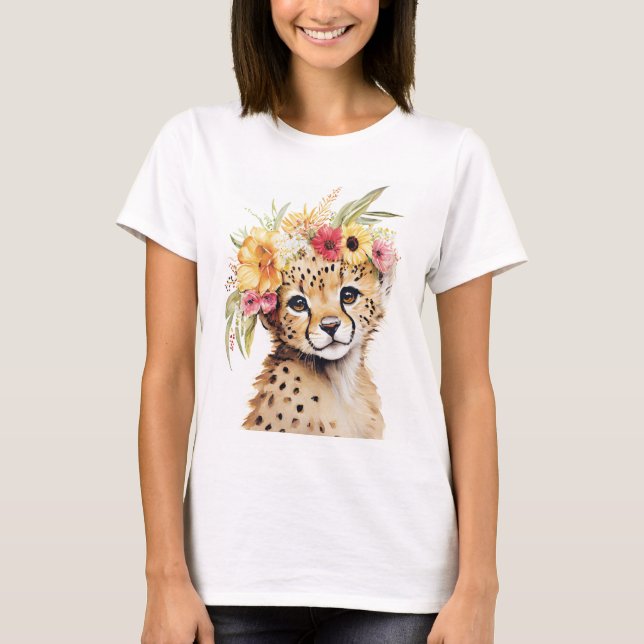 T-shirt Cheetah Flower Crown Art Aquarelle Safari Wild (Devant)