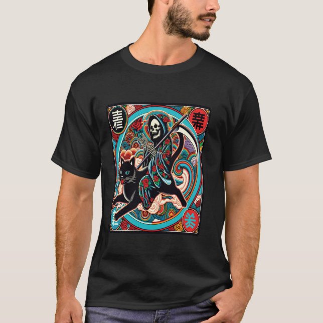 T-shirt Chemise de la mort japonaise noir Chat T (Devant)
