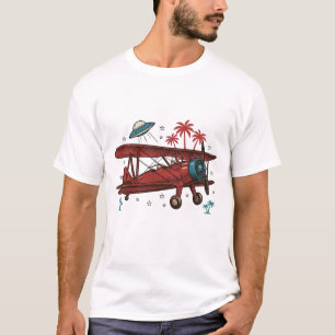 T-shirt Chemise de voyage tropicale UFO biplan vintage Des