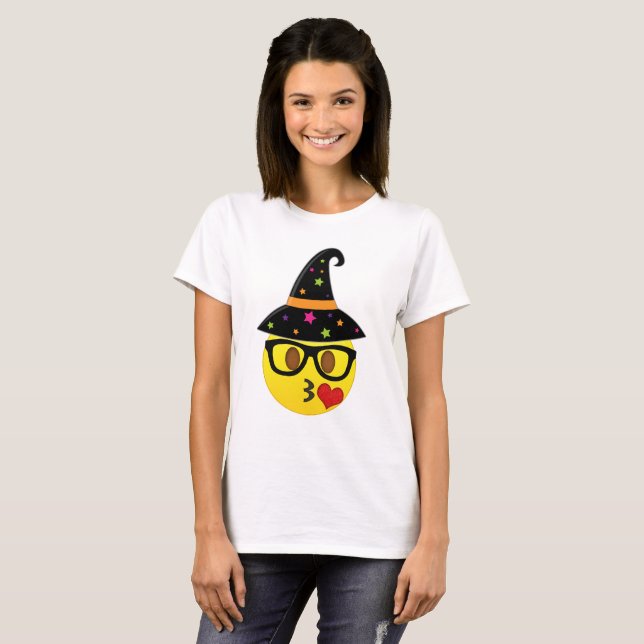 T-shirt Chemise d'Emoji de sorcière de Halloween Kissy (Devant entier)